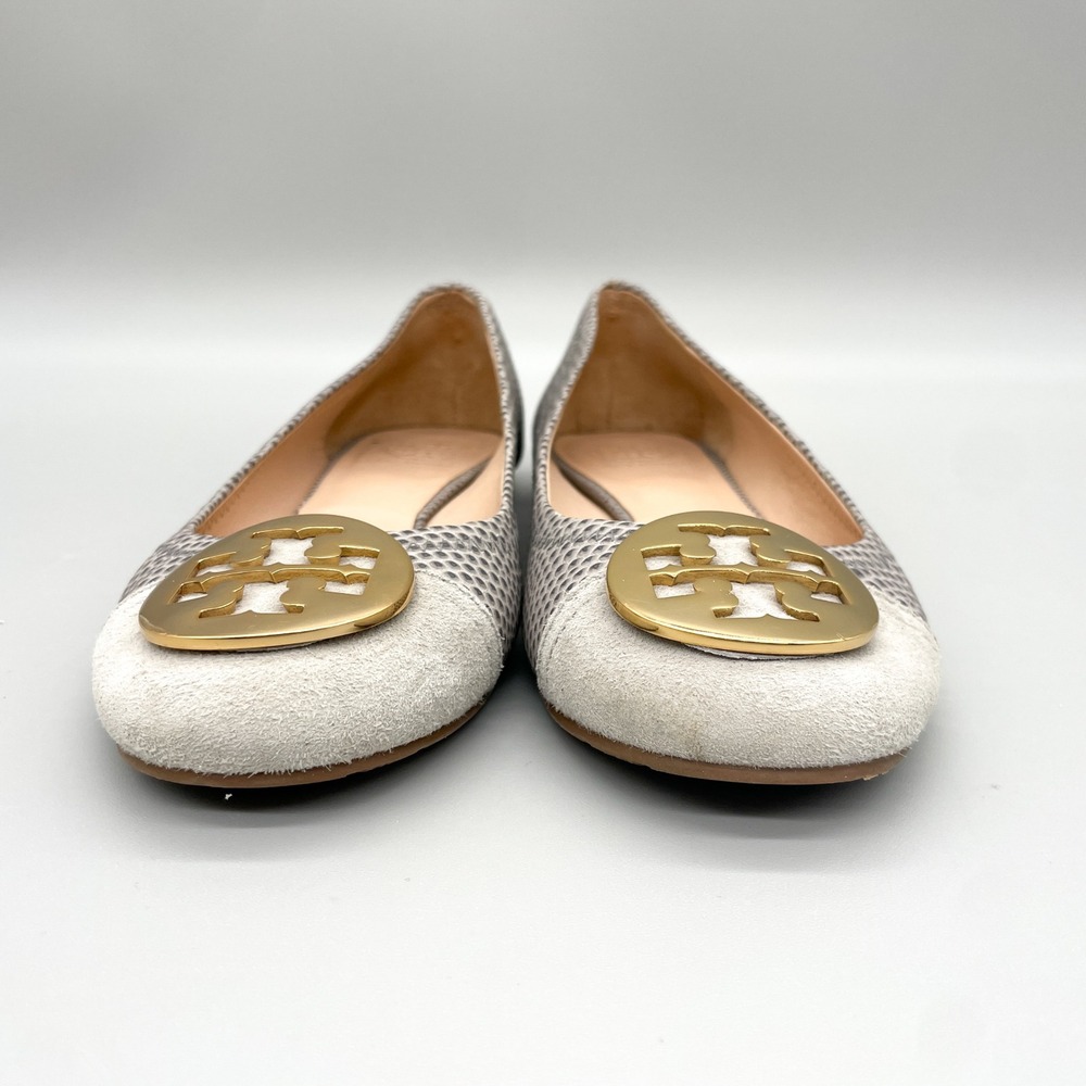 Tory Burch Serena Womens 7M Grey Snake Print Leather Ballet Flats Logo Preppy - Picture 3 of 12